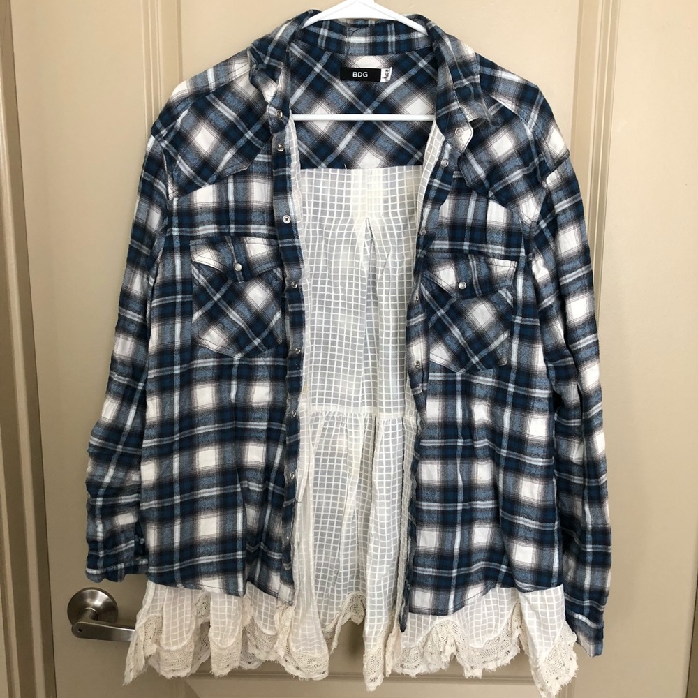 Blue Button Down with White Lace Bottom Flannel
